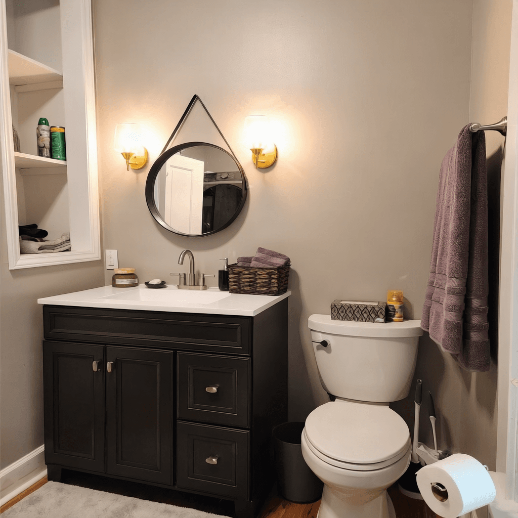 A modern bathroom featuring a dark vanity, round mirror, and a toilet beside a towel rack with purple towels.