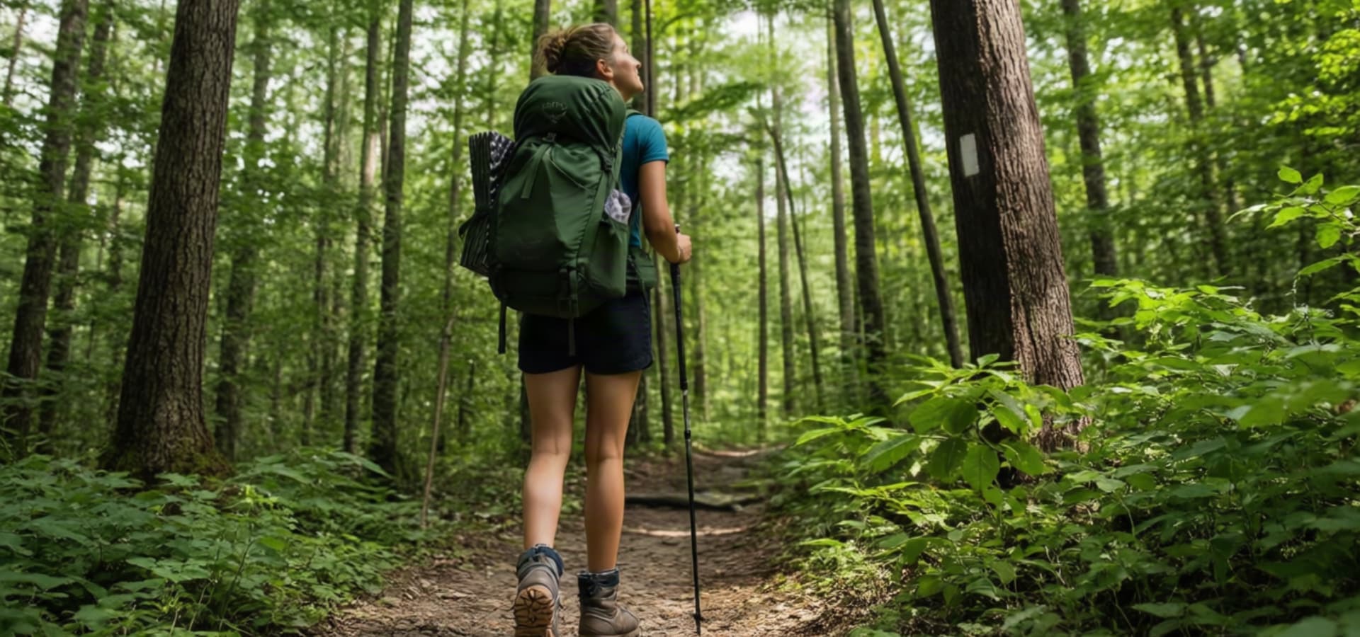 A hiker with a backpack walks along a wooded trail surrounded by lush greenery.